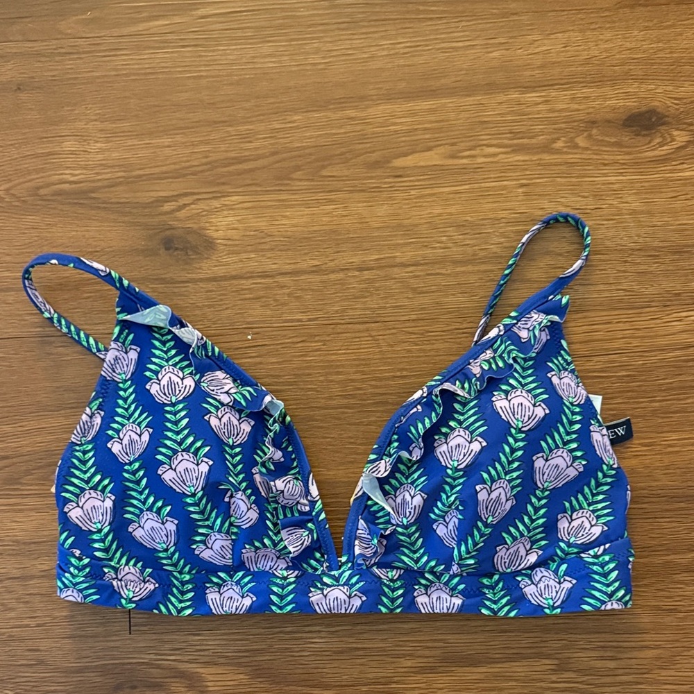 J Crew Floral Blue Ruffle Bikini Top Size M